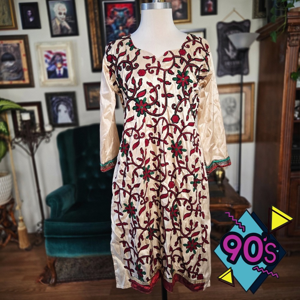 Kashmiri Jaal Kurti Tunic Vintage 90s Embroidered Floral Cream Gold Boho M